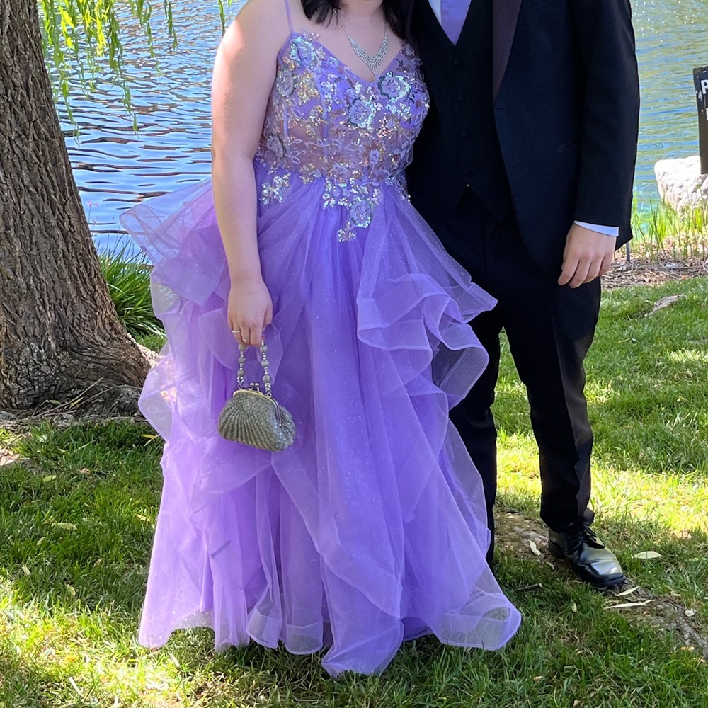 Sparkly tailored purple sequin tulle prom dress